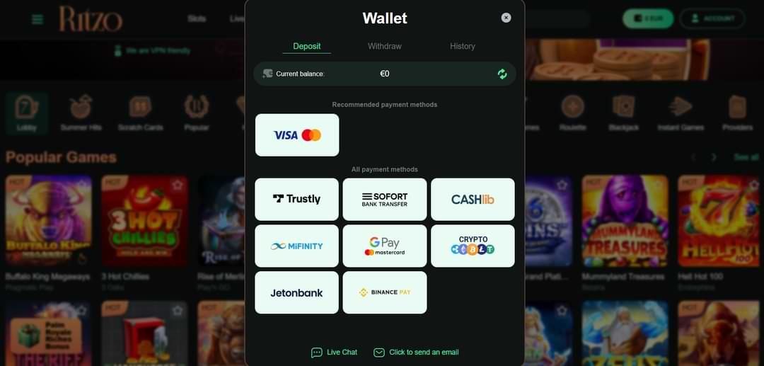 Как внести и вывести средства в Ritzo casino
