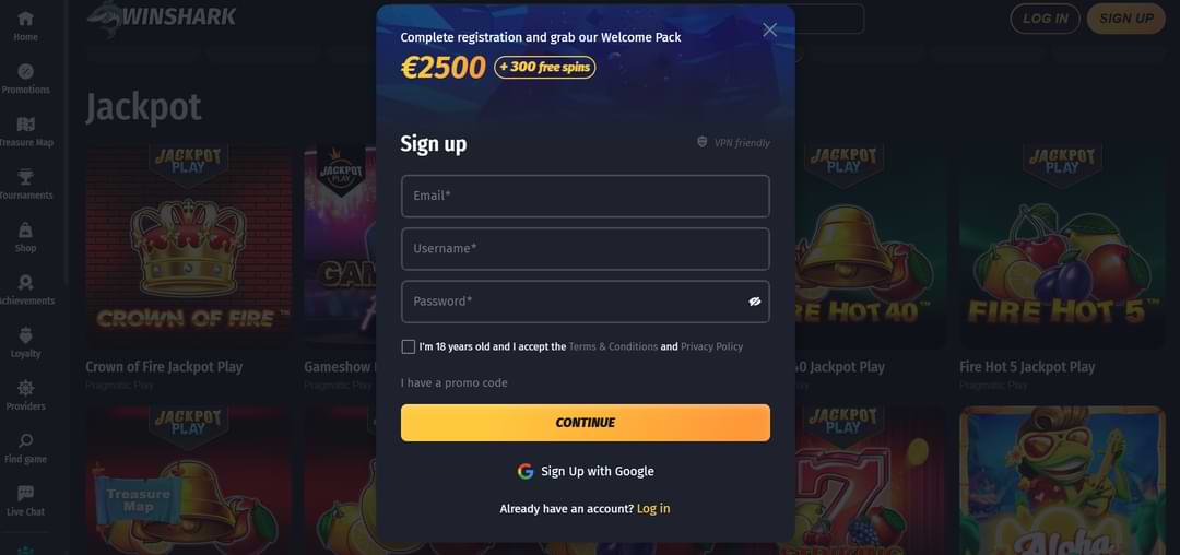 Как зарегистрироваться в казино Winshark