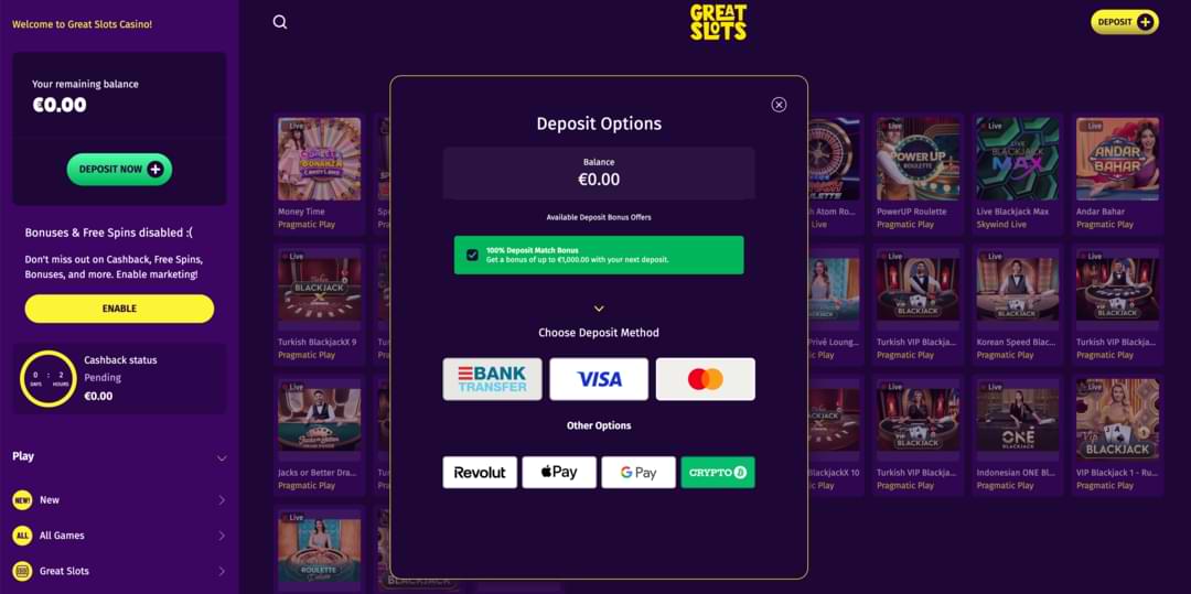 Payment Methods at GreatSlots Casino